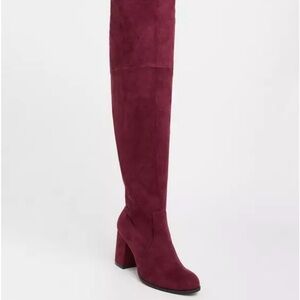 Women's Burgundy Wide Calf Stretch Over-the-Knee Block Heel Boots